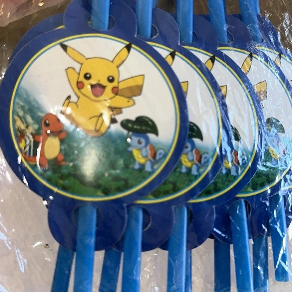 Pokemon Pikachu Charmander Squirtle Blue Flexible Drinking Straws 6 Pack New